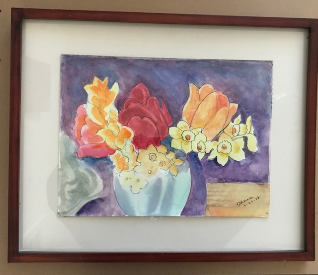 16.	Flowers uniting by Theresa Reuter, Baltimore artist.  Watercolor & pen/ink framed behind glass. 17”x20 ½”.  Excellent condition.  Starting bid $200 Increase by $5.