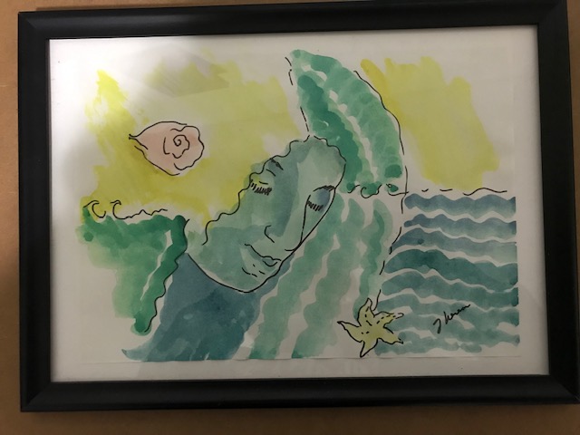 17.	Women unite the Sea by Theresa Reuter, Baltimore artist.  Pen/ink watercolor wash behind glass, frame 11”x15”.  (Colors more vivid than shown).  Starting bid $120 Increase by $5.