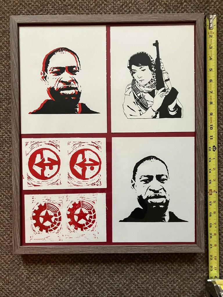 22.	George Floyd, Leila Khaled silkscreens by Baltimore artist, frame 17”x21”.  Good condition.  Starting bid $45 Increase by $5.