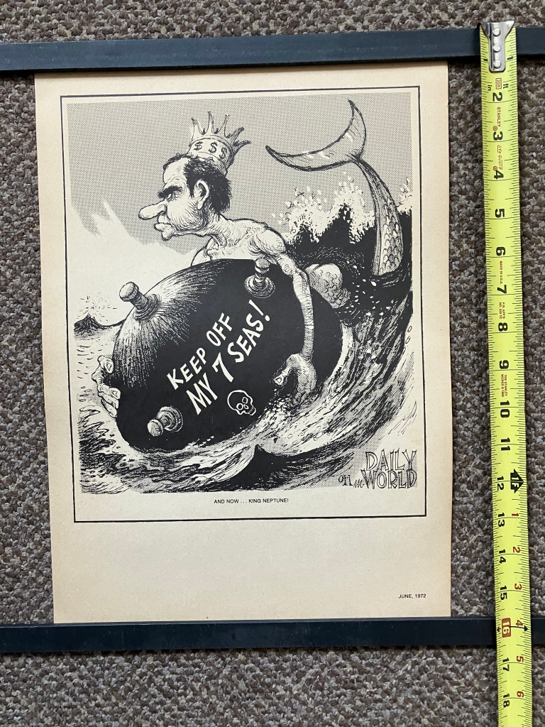 31-33. Three Ollie Harrington Political Cartoons for the Daily World.  Aged but the iconic cartoons of Richard Nixon.  11”x15 ½”.  Starting bid $40 each Increase by $5.