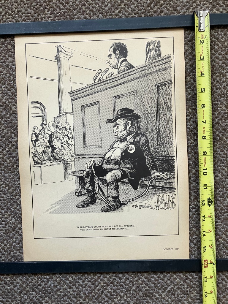 31-33. Three Ollie Harrington Political Cartoons for the Daily World.  Aged but the iconic cartoons of Richard Nixon.  11”x15 ½”.  Starting bid $40 each Increase by $5.