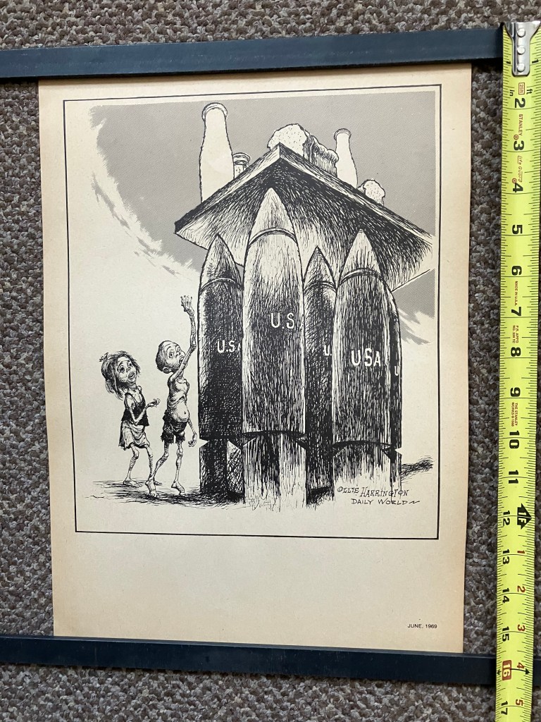 31-33. Three Ollie Harrington Political Cartoons for the Daily World.  Aged but the iconic cartoons of Richard Nixon.  11”x15 ½”.  Starting bid $40 each Increase by $5.