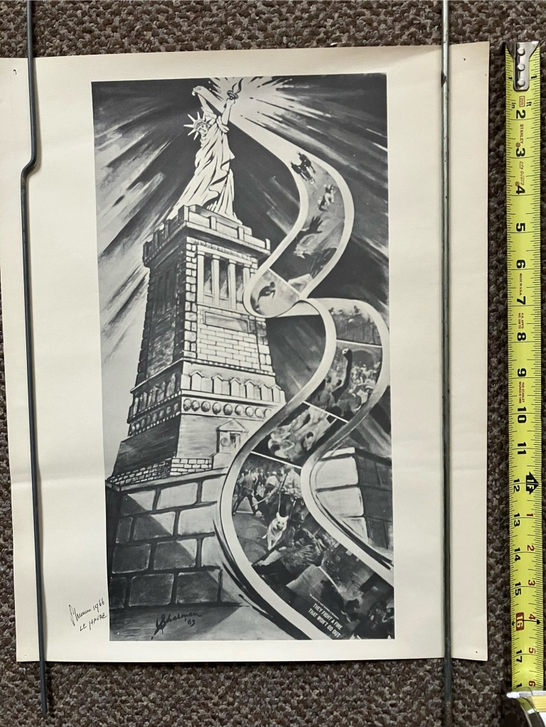 35.	Alfred Kuno Sherman print of Statue of Liberty/School Desegregation Struggle.  14”x17”.  Good condition.  Starting bid $55 Increase by $5.
