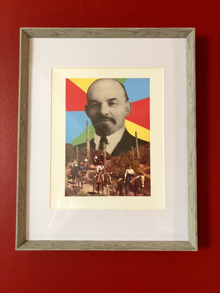 6.	Framed Lenin collage-like print with horseback riders 11 ½”x14 ½”.  Good condition.  Starting bid $40 Increase by $5.