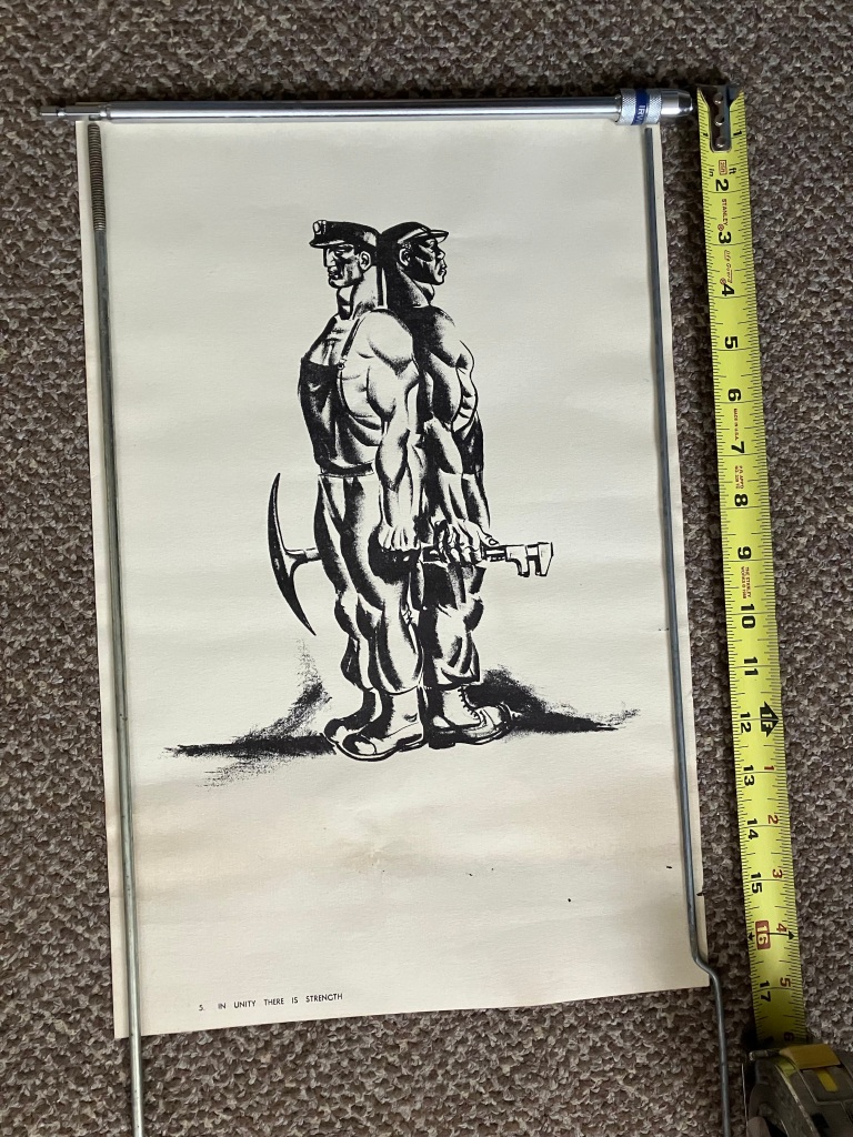 9.	Workers with pickaxe and wrench lithograph by Hugo Gellert 11”x17”.  Fair condition.  Initial bid $50 Increase by $5.